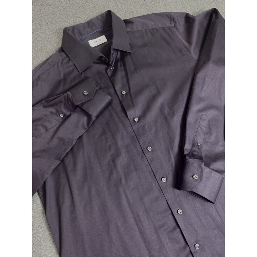Eton Black Signature Twill Contemporary Fit Fly Front Dress Shirt 18 46